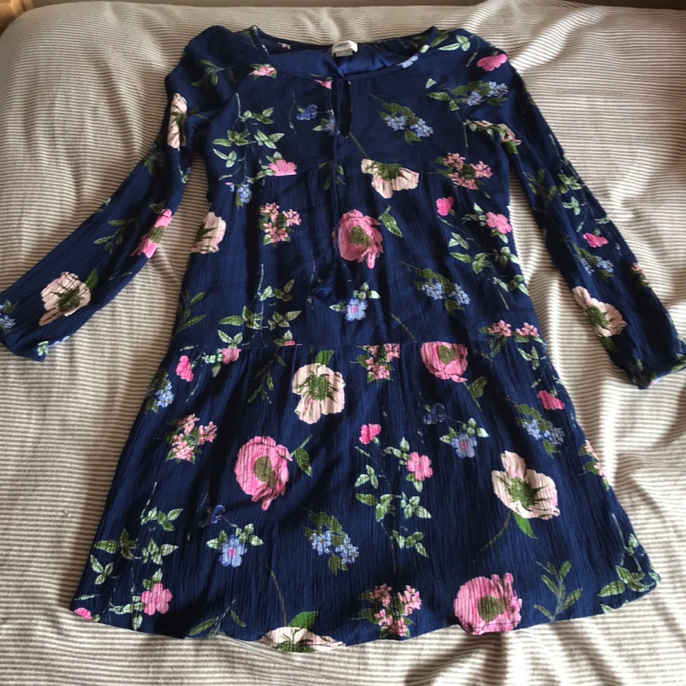 Blue Floral Long Sleeve Women’s Dress With Tassels